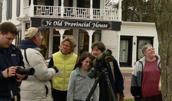 Bob Andrini and his scope provide views of the baby owls to smiling passersby.